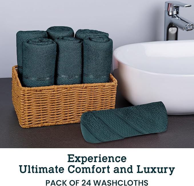 Casa Lino Face Towels & Body Wash Cloths for Showering - 100% Cotton Wash Cloths for Bathroom - Highly Absorbent & Quick Drying Washcloth Set - Cotton Washcloths 24 Pack (12" x 12") - (Teal)