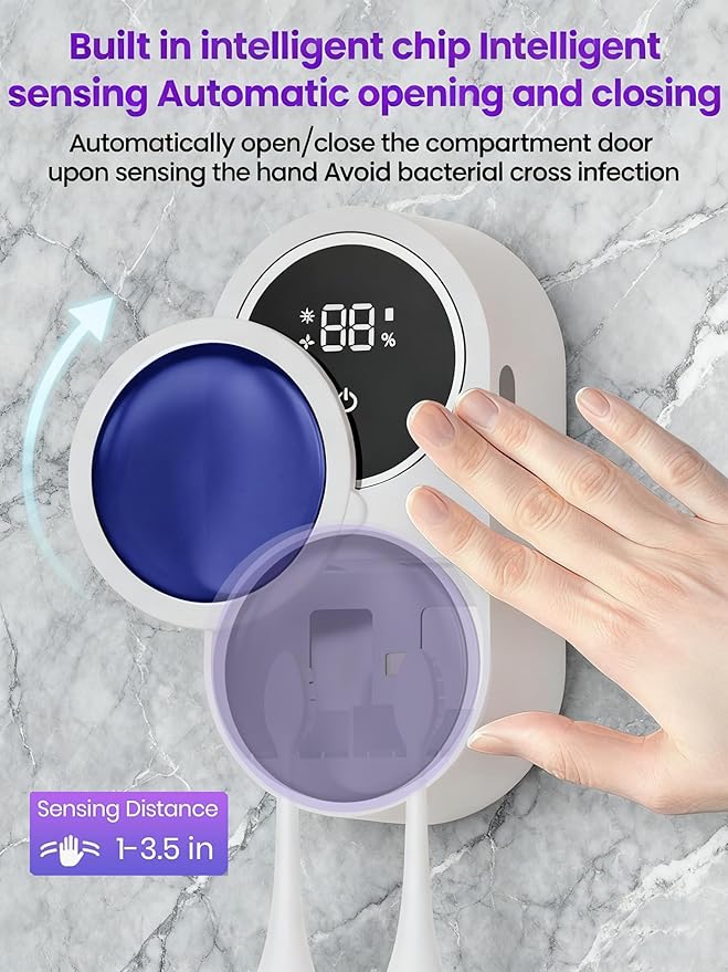 KLUEHOME UV Toothbrush Sanitizer & Holder for Bathroom, LED Smart Screen, Light Cleaning and Air Drying, Mirror Wall Mounted,Fits Most Electric, Manual and Kids’ Toothbrushes