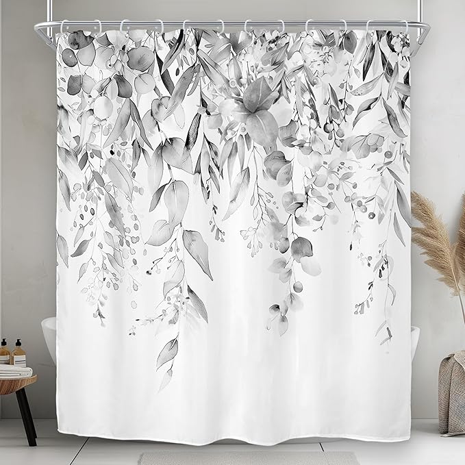 Riyidecor Grey Eucalyptus Leaves Shower Curtain for Bathroom Decor 72Wx72H Retro Plants Watercolor Floral Rustic Botanical Nature Gray Art Printed Fabric Polyester Waterproof 12 Pack Plastic