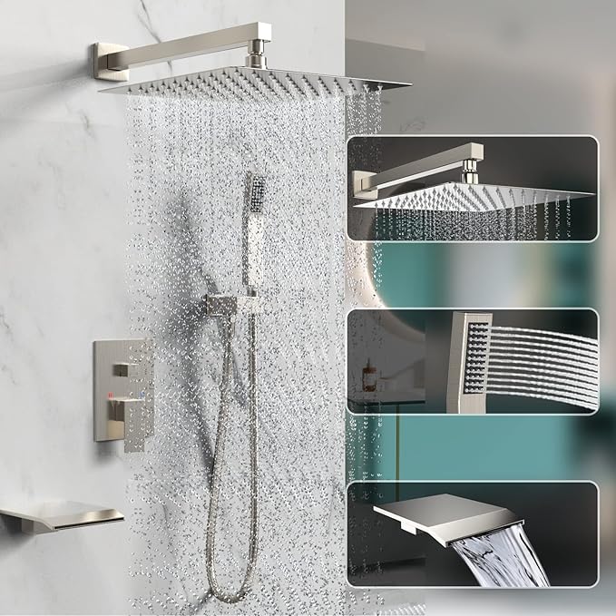 Shower System Rain Shower Faucet Set with Tub Spout,10 inch Bathroom Wall Mounted Waterfall Bathtub Faucet with Handheld Spray and Rough-in Valve Body and Trim kit,Brushed Nickel