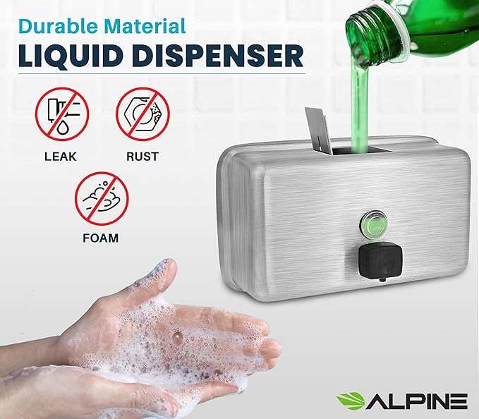 Alpine Commercial Wall-Mounted Soap Dispenser – Stainless Steel, Liquid, Manual Pump, ADA Compliant, 1200ml for High-Traffic Bathrooms (Horizontal)