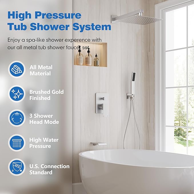 Shower System with Tub Spout, All Metal Tub Shower Faucet Set with 10'' Rain shower heads and handheld spray combo,Wall Mounted Tub Shower Systems with Valve and Trim Kit, Brushed Nickel