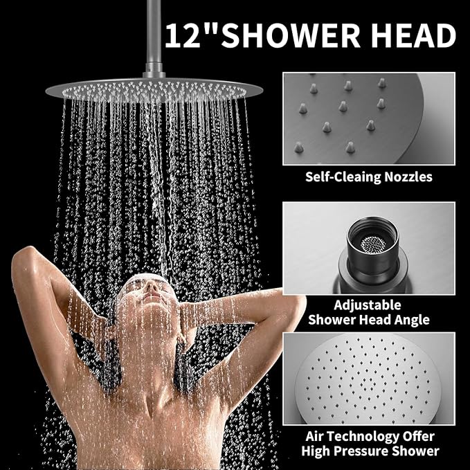 Brushed Nickel Shower System 3-Function Ceiling Shower Faucet Set with 12" and 8" Rainfall Dual Shower Head and Handheld Shower with Adjustable Slide Bar, Full Body Shower System Fixture