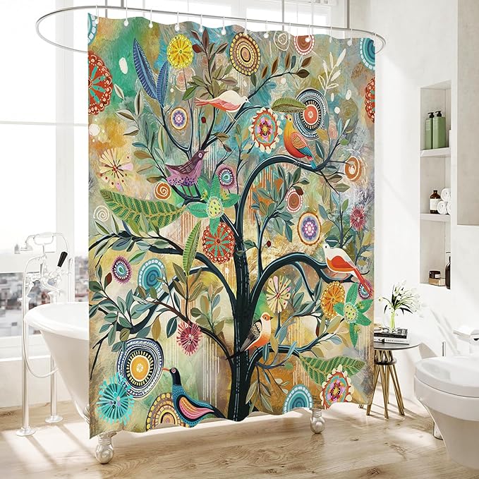 Bohemian Shower Curtain, Boho Floral Print Water Repellent Polyester Fabric for Bathroom Decor, 72×72 Inch Standard Size with 12 Hooks, Also as Room Divider