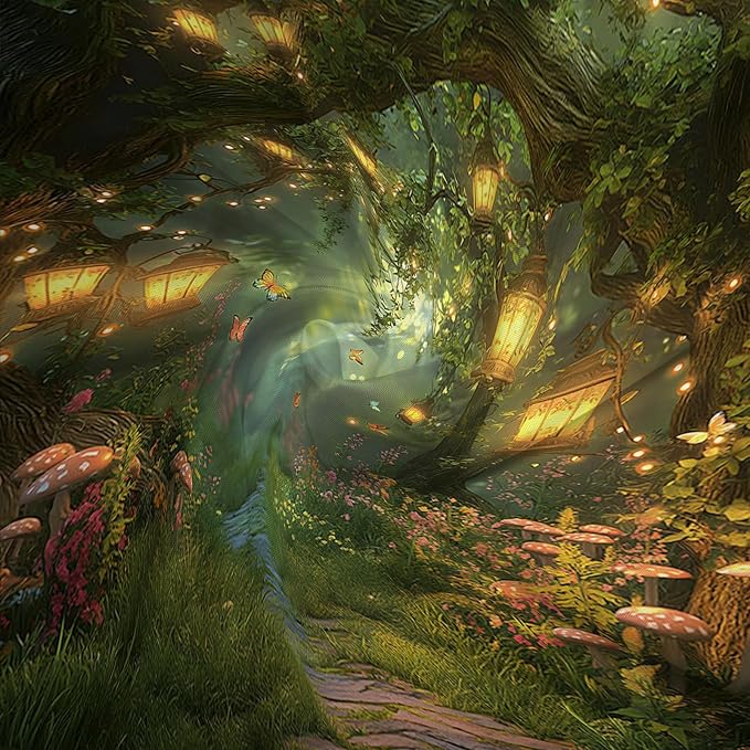 Fantasy Forest Path Shower Curtain Fairy Magical Enchanted Misty Jungle Mushroom Floral Tree Butterfly Lantern Wonderland Plant Bath Curtain Fabric Bathroom Accessories Decor with Hooks 80W x70L
