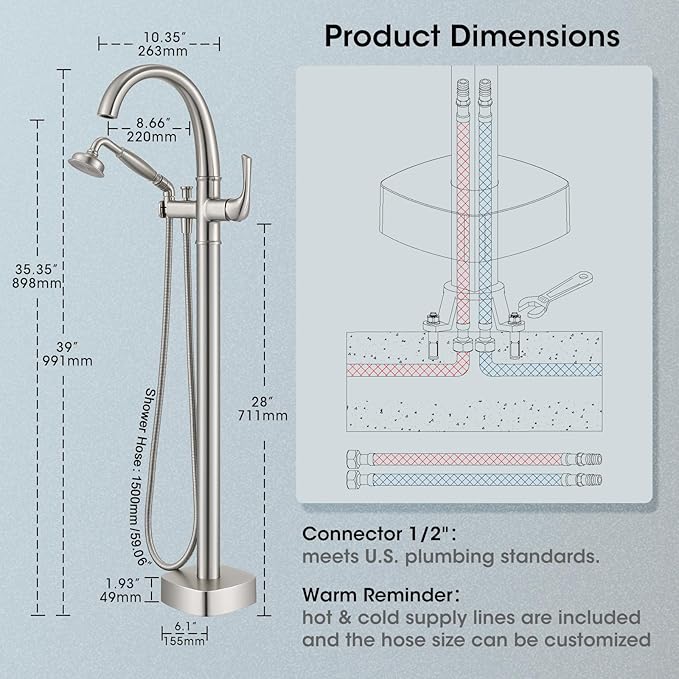 Free Standing Tub Faucet, Jabbol Luxury Freestanding Bathtub Faucet with Sprayer, Brass Bathroom Floor Mount Tub Filler, Brushed Nickel (JB-8811BN)