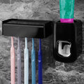 5 Slots Wall Mount Toothbrush Holder with Cover, Self Adhesive Toothbrush Storage Organizer for Shower, Toothbrush Hanger with Automatic Toothpaste Squeezer Dispenser(Black)