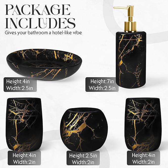 Ceramic Bathroom Accessory Set, 5-Piece Bathroom Accessory Set, Soap Dish, Toothbrush Holder, Soap Dispenser, Bathroom Tumbler & Candle Holder - Modern Bathroom Organizer, (Black & Gold)