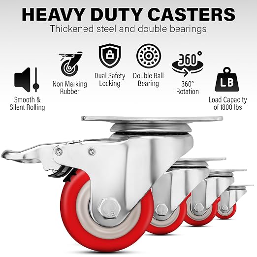 3 Inch Heavy Duty Casters Set of 4, Lockable Plate Caster Wheels - Image 3