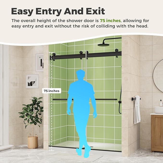 DELAVIN 56-60" W x 75" H Double Sliding Frameless Shower Door, Glass Shower Door with 1/4"(6mm) SGCC Tempered Glass, Noiseless Shatterproof Shower Doors Stainless Steel, Aluminum, Black