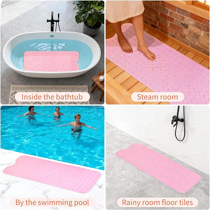 Anti-Slip Bathtub Shower mat, 39.3×15.7 inch（Approximately 100 × 40cm） Soft Oversized Machine Washable Non-Slip Bathtub mat with Drainage Holes, Bathroom Floor Suction Cup.（1-Clear Pink）