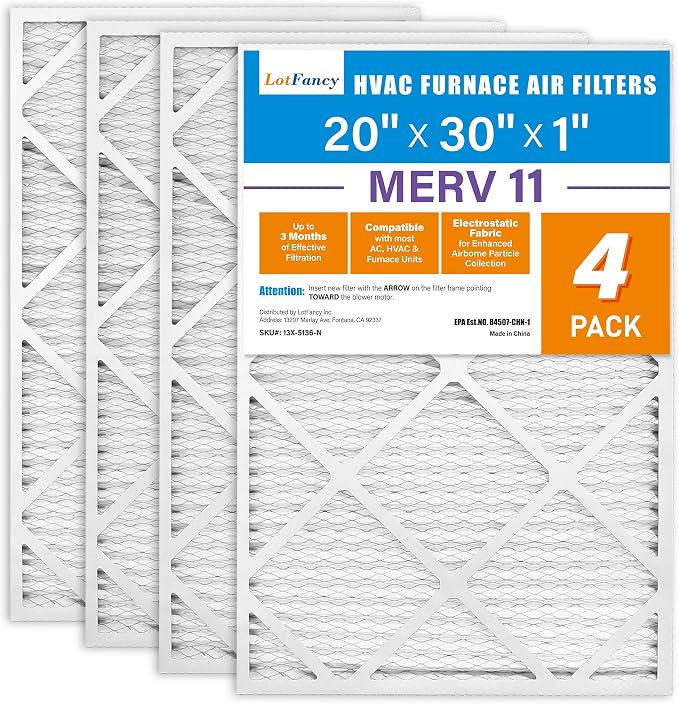 LotFancy 20x30x1 Air Filter MERV 11 4-Pack, Electrostatic Pleated AC Furnace by LotFancy