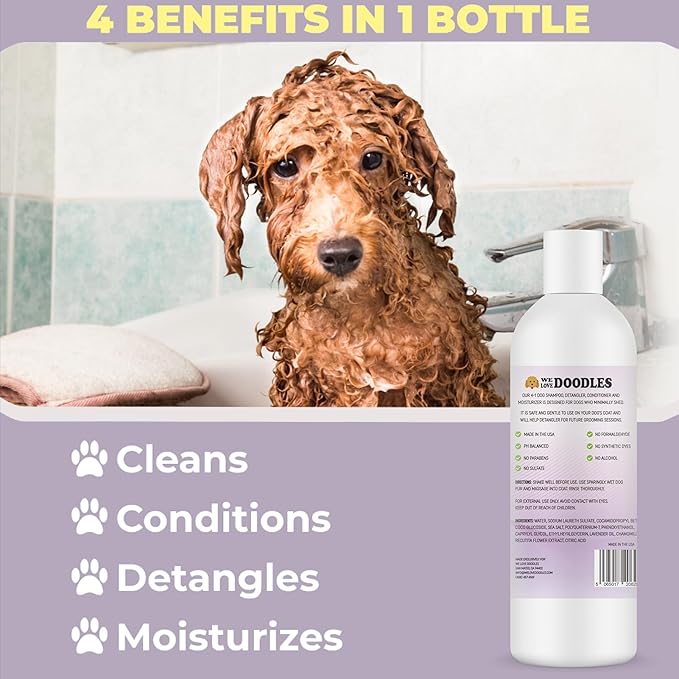 We Love Doodles Bundle 4-in-1 Non-Organic Dog Shampoo (Lavender & Chamomile) and Dog Bath Brush - Pet Rubber Brush for Shower Scrubbing & Soothing Massage, Essential Puppy Grooming Accessories