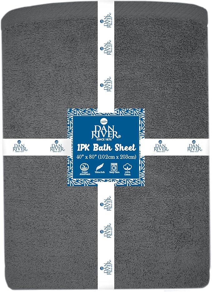 DAN RIVER Pack of 1 Bath Sheet 40x80 Inches, Extra Large Gray Bath Towels Oversized, Absorbent Cotton Towels for Bathroom