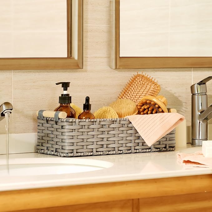 GRANNY SAYS Wicker Baskets for Storage, Wicker Baskets for Shelves, Waterproof Toilet Tank Topper, Toilet Paper Basket for Back of Toilet, Gray