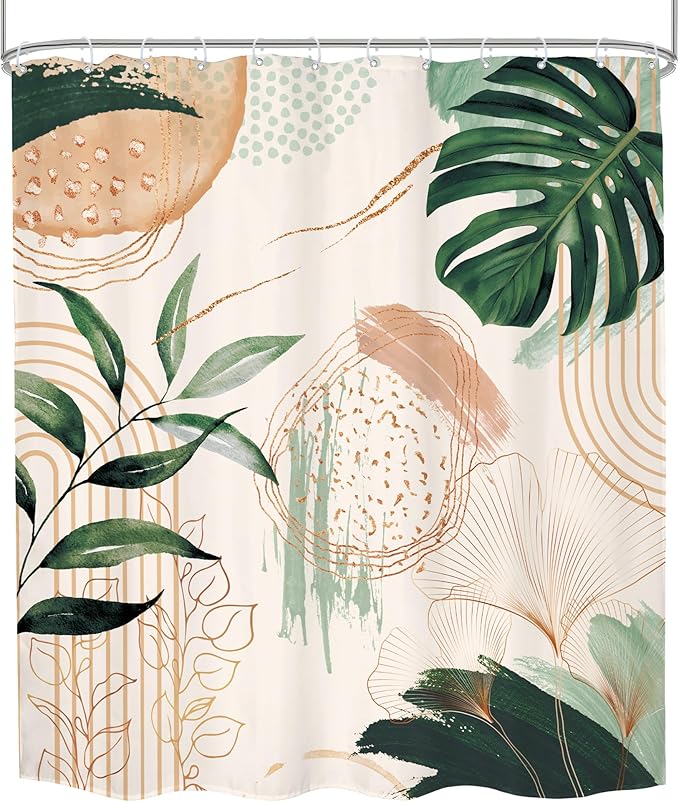Boho Shower Curtain 60Wx72H Bohemian Modern Mid Century Abstract Sage Green Tropical Palm Leaves Plant Bathroom Decor Minimalist Geometric Neutral Bath Curtain Fabric Polyester 12 Pack Hooks