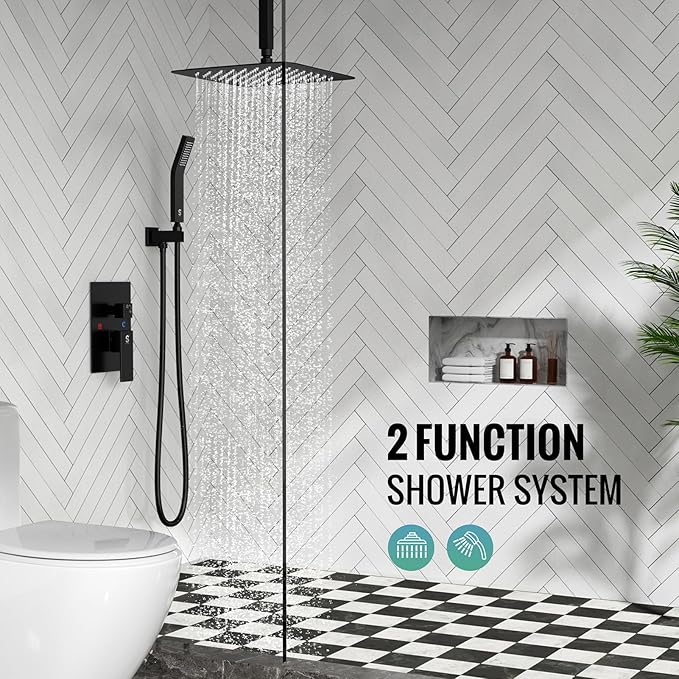 SR SUN RISE 10 Inch Ceiling Mounted Shower System Rain Mixer Shower Combo Set Rainfall Shower Head System Matte Black Shower Faucet Rough-in Valve Body and Trim Included