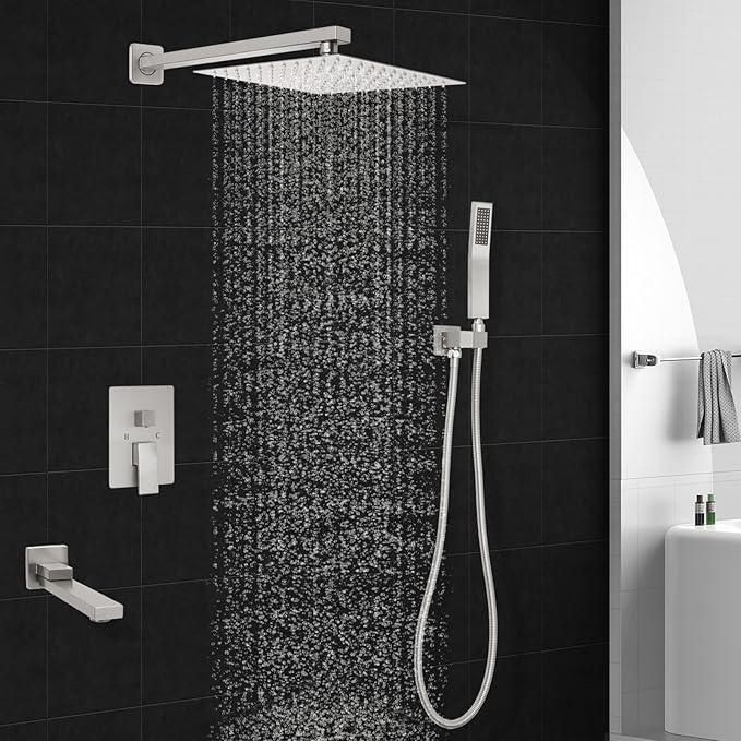 10 inch Square Shower Head and Handheld Set, Gasecoet Shower System with Tub Spout Wall Mounted Shower Faucet for Bathroom - Brushed Nickel (With Shower Valve)