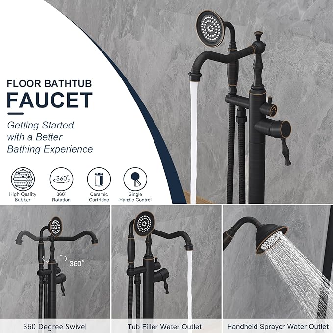 Oil Rubbed Bronze Standing Bathtub Faucet Freestanding Tub Filler High Pressure Single Handle Bathtub Filler Floor Mounted Brass Bathroom Stand Tub Faucets with Handheld Shower