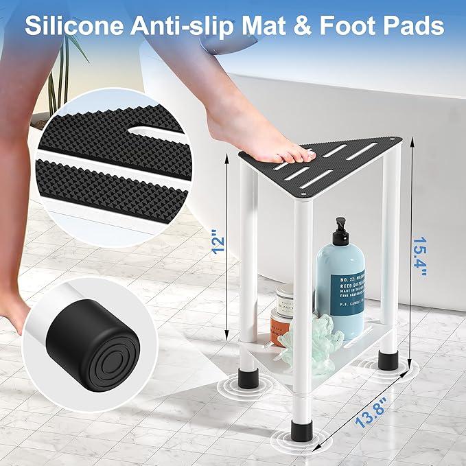 Stainless Steel Shower Stool for Inside Shower, 15.4'' H Shower Foot Rest, Corner Shower Stool with Storage Shelf, Shower Step for Shaving Legs, Bathroom Corner Shower Bench, White