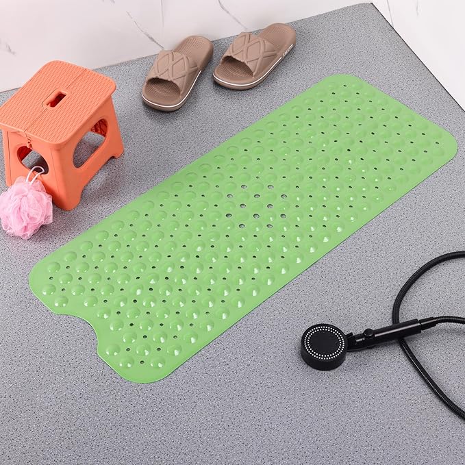 Anti-Slip Bathtub Shower mat, 39.3×15.7 inch（Approximately 100 × 40cm） Soft Oversized Machine Washable Non-Slip Bathtub mat with Drainage Holes, Bathroom Floor Suction Cup.（1-Opaque Pea Green）