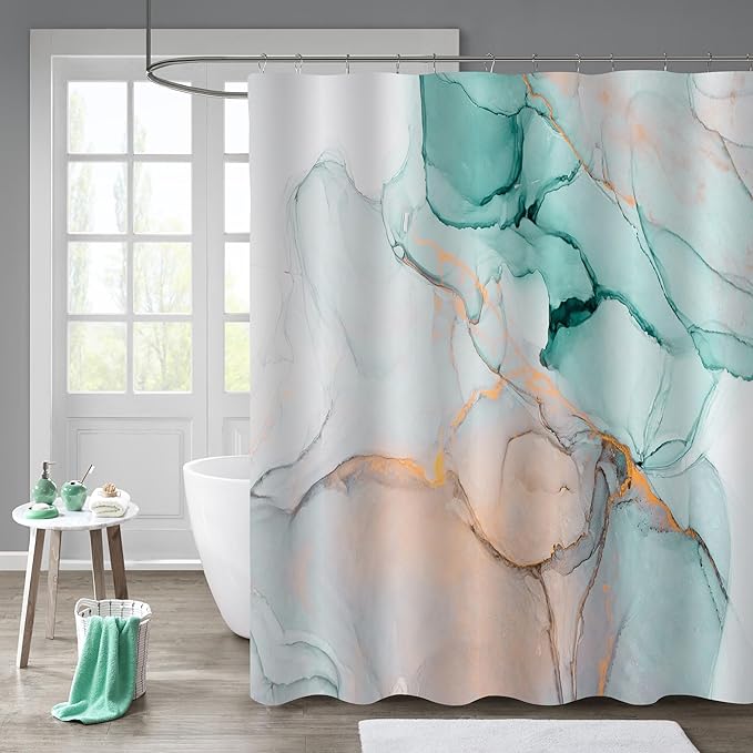 Gibelle Long Fabric Shower Curtain 72 x 78, Tall Abstract Grey Teal Marble Shower Curtain, Modern Ink Art Waterproof Fabric Shower Curtain Set with Hooks