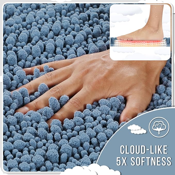 Yimobra Bathroom Rugs Sets 2 Piece - Quick Dry Extra Thick Luxury Chenille Bath Mat, Non Slip Super Absorbent for Tub Shower Sink, Machine Washable Shaggy Floor Mat, 32"x20"+24"x17" Inch, Denim Blue