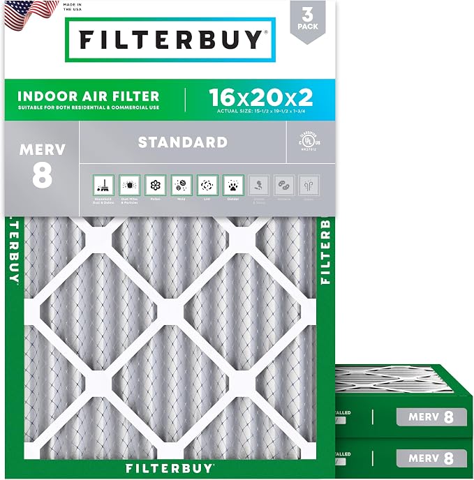 Filterbuy 16x20x2 Air Filter MERV 8 Essential Dust & Allergy Defense, by Filterbuy