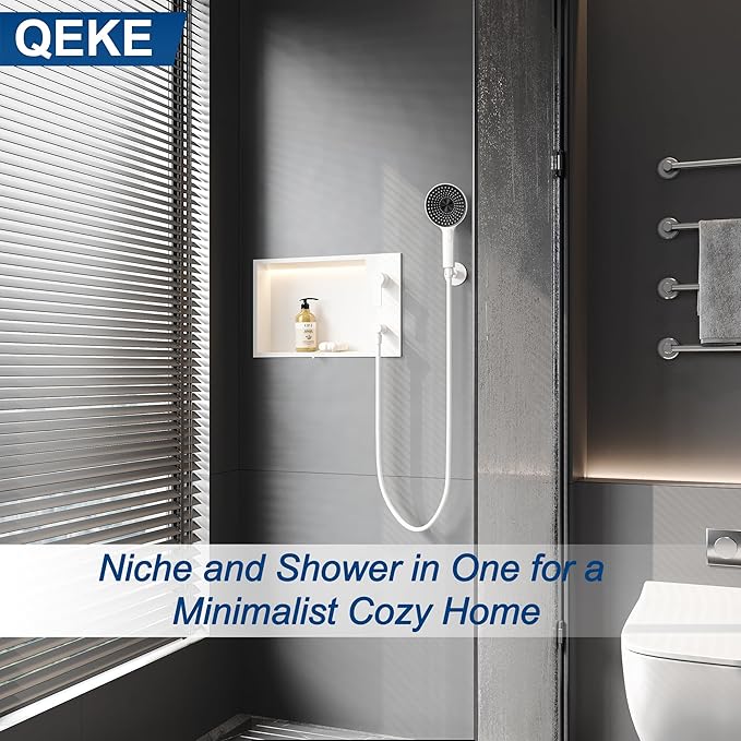 Shower Niche with Round Hand Shower,and LED Light in Matte White/Horizontal