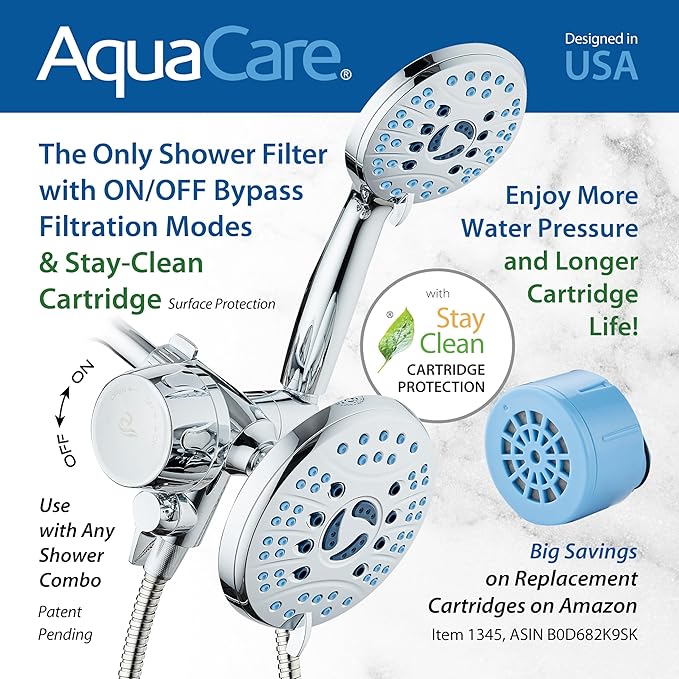 AquaCare Skin & Hair - World's Only Shower Head Combo Filter with Built-in 3-way Water Diverter, ON/OFF Filtration Modes, Instant Cartridge Reload & Stay-Clean American KDF Cartridge, Chrome Finish