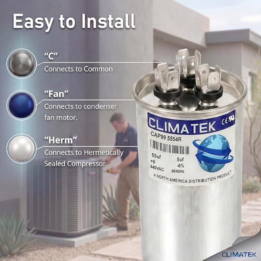 ClimaTek 55 + 5 MFD 370/440 Volt Dual Run Capacitor CAP99-5554R | 55/5 VAC | - Image 3