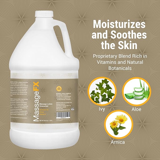Massage FX Unscented Massage Lotion, 1/2 Gallon - Professional Massage Lotion for Massage Therapy with Sunflower Seed Oil, Arnica, and Vitamin E