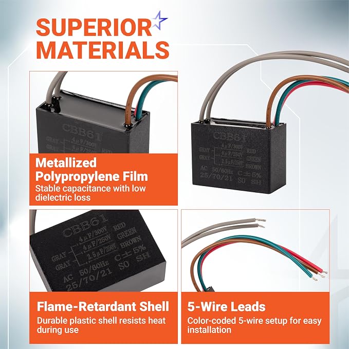 CBB61 4uf+4uf+2.5uf 5-Wire 250V/300V AC Ceiling Fan Capacitor by BlueStars - Image 6