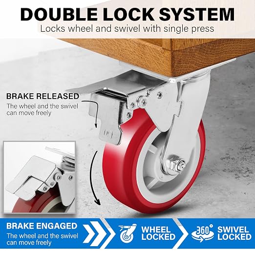 6 Inch Heavy Duty Casters Set of 4, Lockable Plate Caster Wheels - Image 4