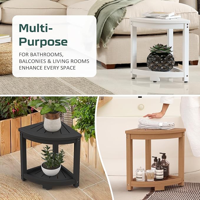 Waterproof Corner Shower Stool for Inside Shower, Poly Lumber Shower Bench Seat Chair, Bath Shower Stool for Shaving Legs Foot Rest with Storage Shelf, Adjustable & Non-Slip Feet, White
