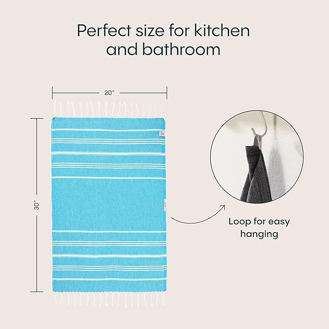 WETCAT Turkish Hand Towels with Hanging Loop, Set of 2 (20" x 30") 100% Turkish Cotton, Pre-Washed, Quick Drying, for Kitchen or Bathroom - Turquoise