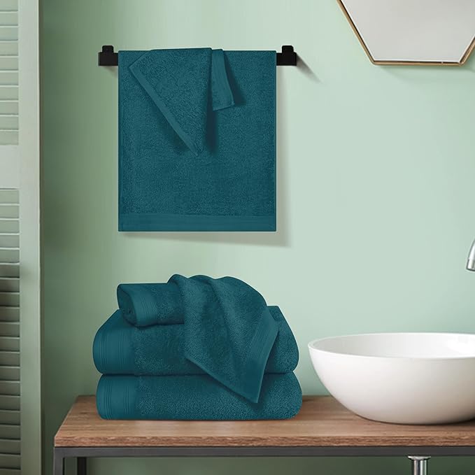 Ultra Soft 6 Pack Cotton Towel Set, Contains 2 Bath Towels 28x55 inch, 2 Hand Towels 16x24 inch & 2 Wash Coths 12x12 inch, Ideal Everyday use, Compact & Lightweight - Teal