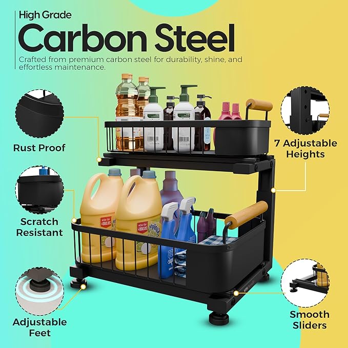 Premium Heavy Duty Carbon Steel Under Sink Organizer, 2 Tier Pull Out Cabinet Organizer, 7 Adjustable Heights with Smooth Ball Bearing Sliding Baskets for Bathroom & Kitchen
