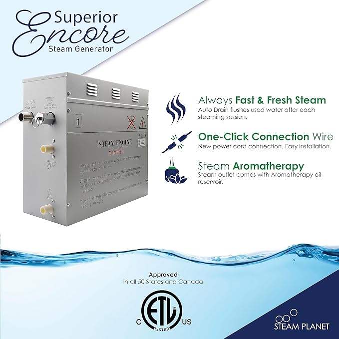Superior Encore Plus 9 kW Steam Shower Generator Kit with Horizontal Black Keypad, Drip Pan & White Light | Bluetooth Audio|Self-Draining Steam Bath Generator|One-click Connection Cord|