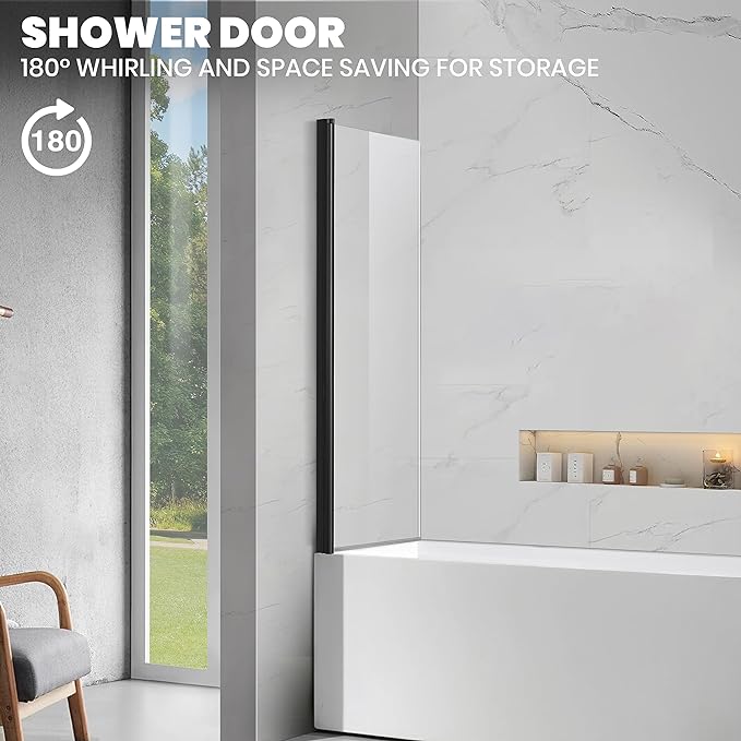 Frameless Tub Shower Door, Clear Tempered Glass Bathroom Shower Door 30" W*55" H, Hinged Foldable Bathtub Screen with Matte Black Wall Profile Support