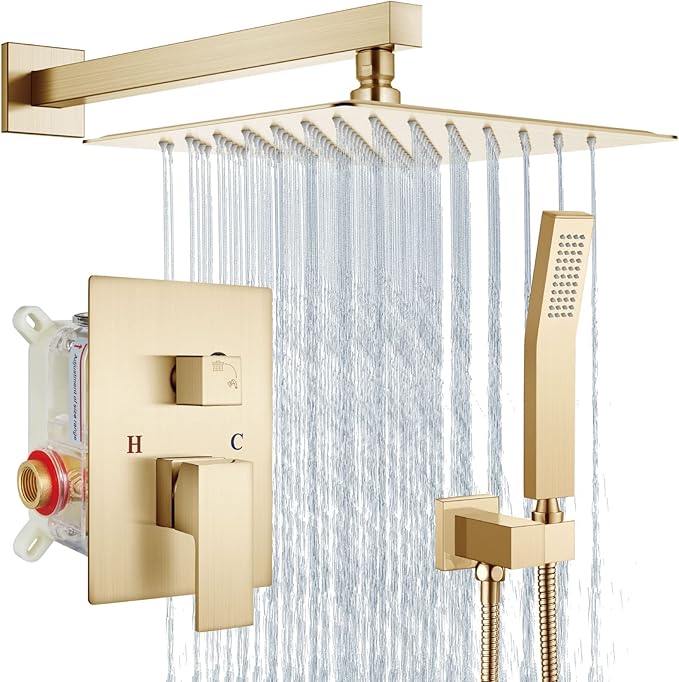 Aolemi Shower Faucet Set Rain Shower System with Handheld Spray Bathroom Shower Combo Rough-in Valve and Shower Trim Kit Included Brushed Gold 12 Inch Wall Mount Shower Head