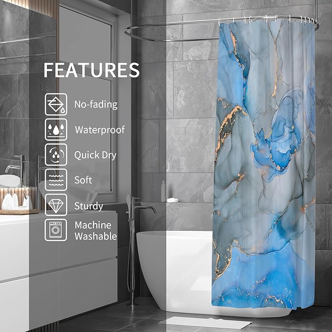 Gibelle Long Fabric Shower Curtain 72 x 78, Tall Abstract Blue Grey Marble Shower Curtain, Modern Ink Art Waterproof Fabric Shower Curtain Set with Hooks