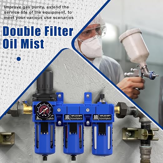 NEWPO 3/8'' NPT Compressed Air Filter Regulator Lubricator Combo Water/Oil Trap - Image 8