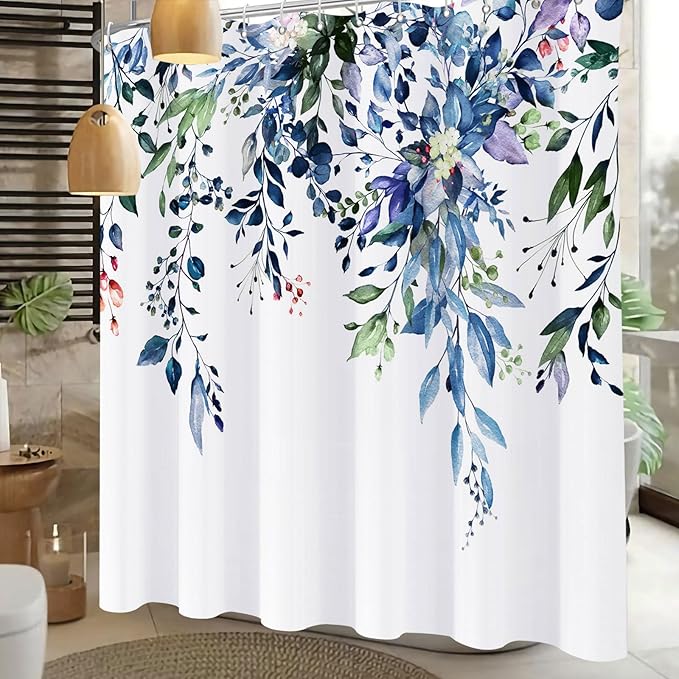 Shower Curtain Blue Green Eucalyptus Shower Curtains for Bathroom, Watercolor Leaf Shower Curtain Sets Waterproof Plant Shower Curtain Leaves Fabric Cloth Bathroom Curtains 72x72 inch with Hooks