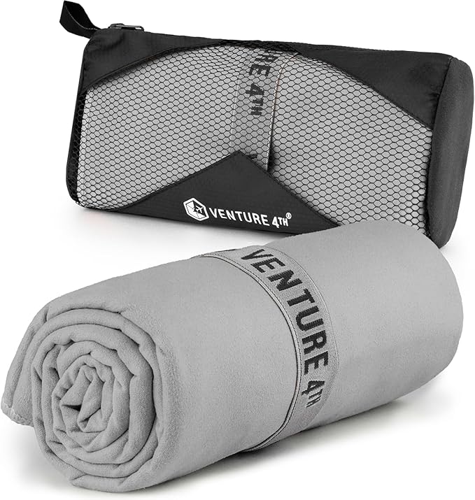 VENTURE 4TH Quick Dry Towel. Microfiber Travel Towel Ideal for Camping, Hiking, Backpacking, Gym. Lightweight & Fast Drying Travel Towels for Body. Compact & Easy to Pack - Light Gray Extra Large