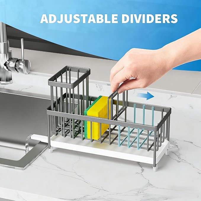 Cisily Light Gray Sponge Holder for Kitchen Sink, Sink Caddy Organizer with High Brush Holder, Kitchen Countertop Organizers and Storage Essentials, Rustproof 304 Stainless Steel, Soap Dispenser