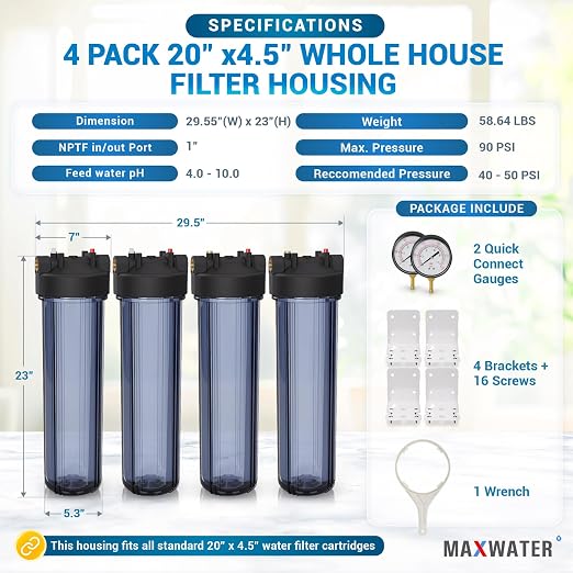 Max Water Whole House 20" x4.5" Purple Clear WH Water Filter Housing 1 inch - Image 2