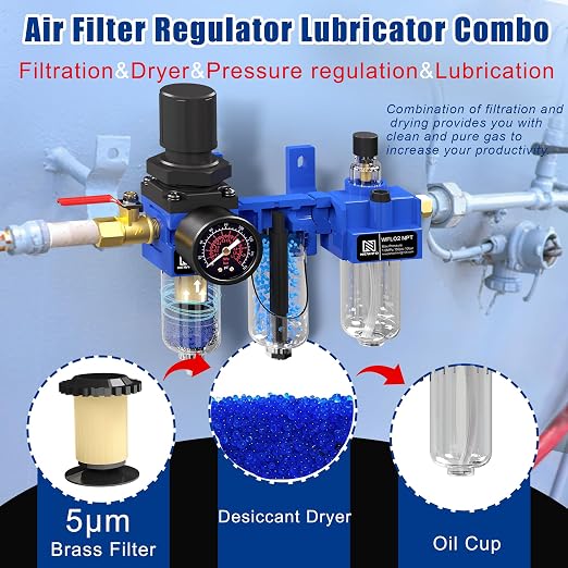 NEWPO 1/4" NPT Compressed Air Filter Regulator Lubricator Combo, Water/Oil Trap - Image 3