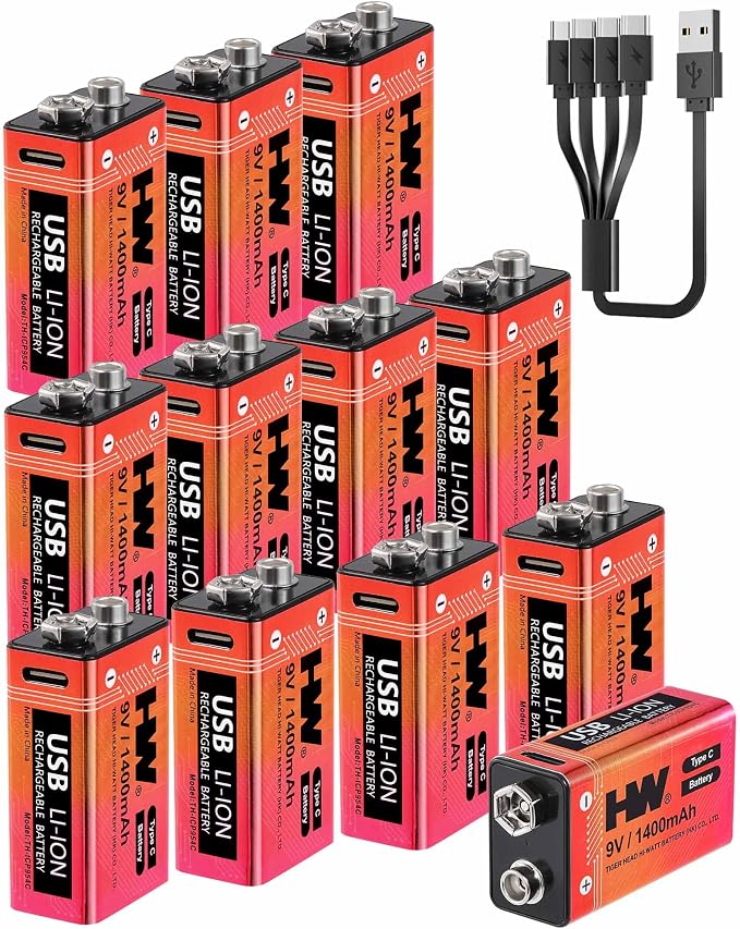HW 9 Volt Rechargeable Batteries 12 Pack, 1400mAh 9V Lithium Battery by HW