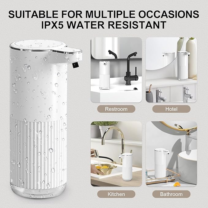 GuDoQi Automatic Touchless Liquid Soap Dispenser, 4-Level Adjustable Foam, USB Rechargeable Hand Soap Dispenser for Bathroom, Kitchen Countertops, 12.2oz/360mL, White